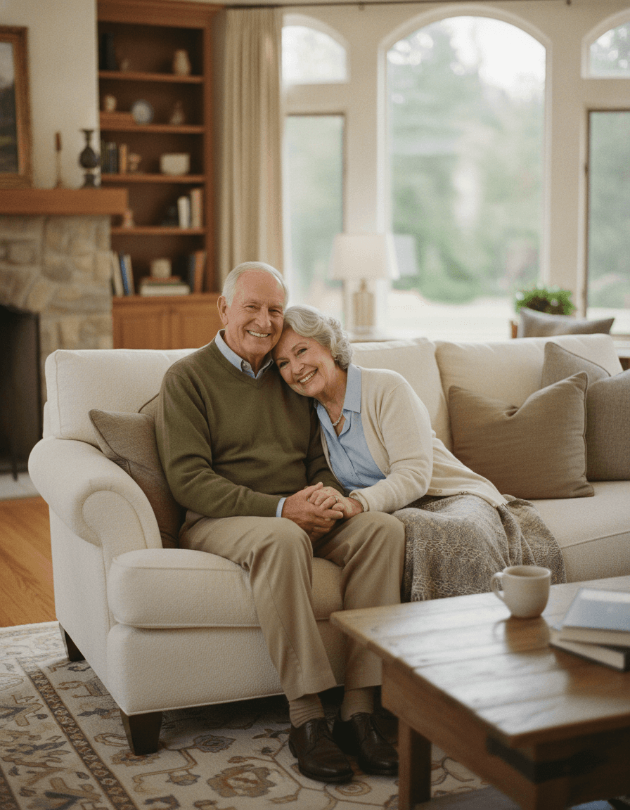 An older couple relaxing happily at home in a bright, welcoming living room